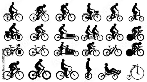 Diverse collection of bicycle silhouettes showcasing various cycling styles and recreational activities