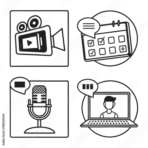 A set of black and white icons illustrates various media production and scheduling elements including filmmaking podcasting and online meetings high quality