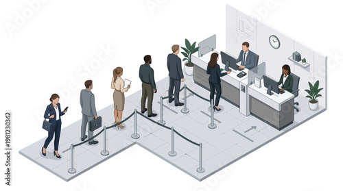 People waiting in line at office reception.
