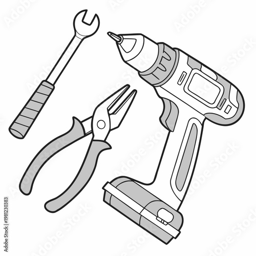 A simple black and white illustration depicts a wrench a cordless drill and a pair of pliers arranged on a white background