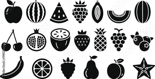 Black silhouette fruit collection diverse tropical and common fruits