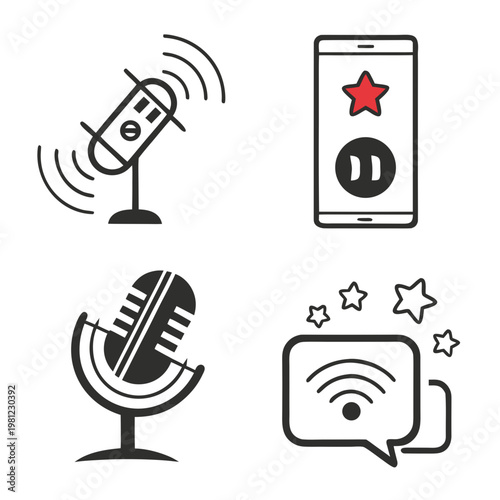 A graphic depicts podcasting and audio recording elements showcasing microphones a smartphone with a star and speech bubble icons high quality professional