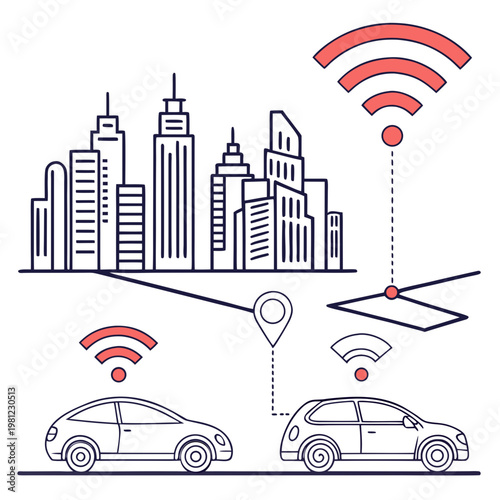A stylized illustration depicts a modern cityscape connected to vehicles via wireless signals and location based data networks high quality professional detailed