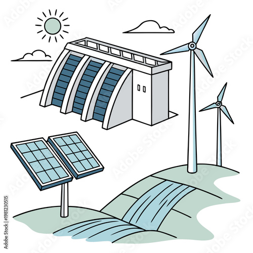 An illustrative depiction showcases a sustainable energy landscape with solar panels wind turbines a hydroelectric dam and rolling hills high quality professional