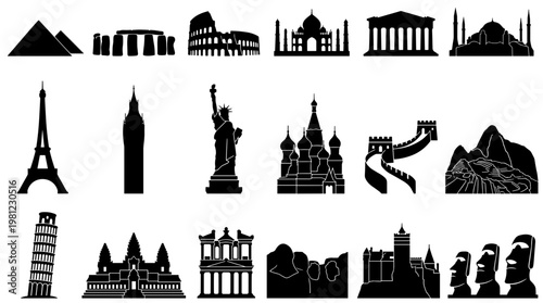 Collection of famous world landmarks and iconic architectural monuments in silhouette for travel and tourism concepts