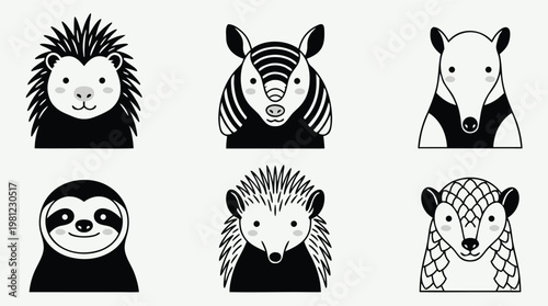 Set of Cute Animal Faces in Black and White Style.