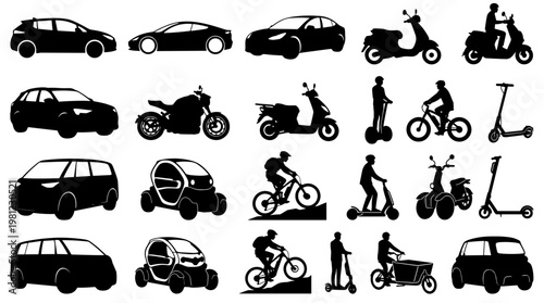 Diverse collection of modern personal transportation vehicles and modes of transport in silhouette form