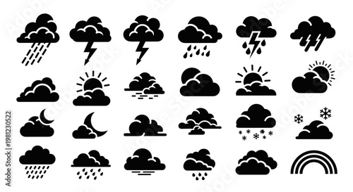 Collection of weather icons representing various meteorological phenomena like rain snow lightning sun clouds and rainbow in black silhouette style