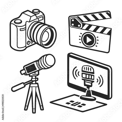 A black and white illustration showcases essential filmmaking and broadcast equipment including a camera clapperboard microphone and monitor high quality professional detailed