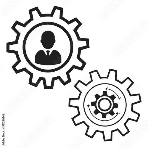 A black and white illustration depicts two interlocking gears one containing a silhouette of a person s head and torso high quality