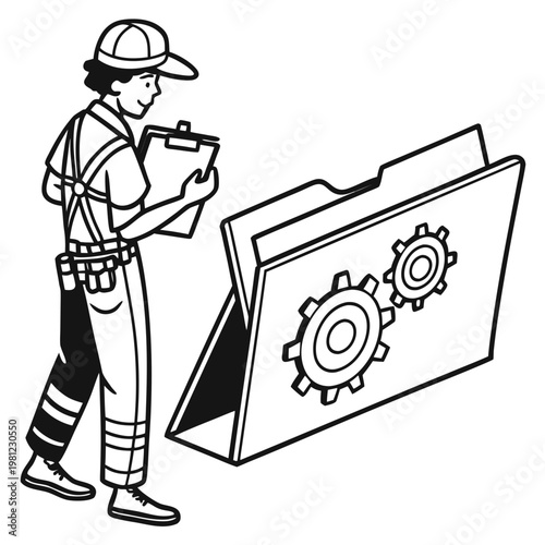 A detailed black and white illustration depicts a worker examining a large folder with gears symbolizing technical inspection or documentation high quality