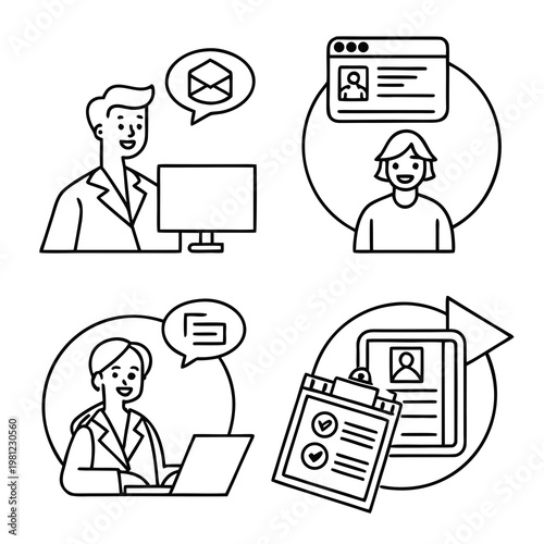 A series of line art illustrations depicts remote work scenarios featuring video calls email communication and task management high quality professional detailed