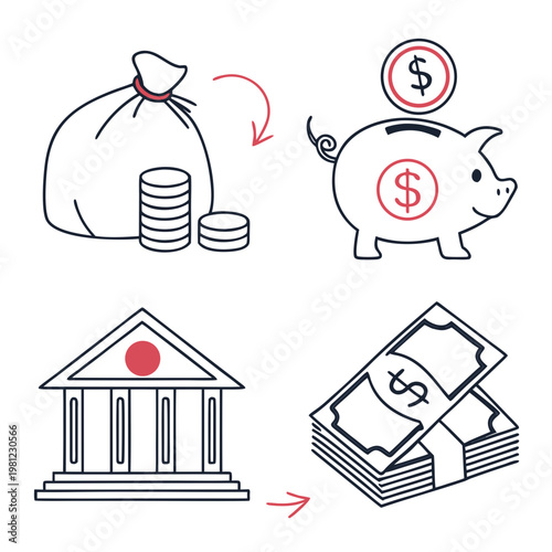 This illustration depicts financial concepts including savings banking and investment represented by a piggy bank money bag and building high quality professional