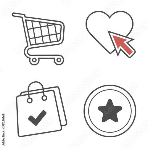 A collection of simple black and white line icons representing shopping favorites checkmarks and star ratings high quality professional detailed modern elegant