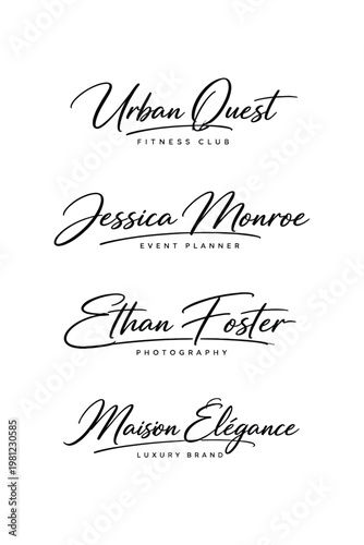 Four elegant handwritten script typography logos with names like urban quest jessica monroe ethan foster maison elegance showcasing a natural calligraphic style typography handwritten calligraphic