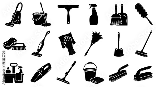 Collection of cleaning tools and supplies for home and professional hygiene and sanitation services