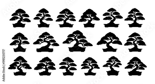 Collection of diverse bonsai tree silhouettes isolated on a white background representing nature art and Japanese culture