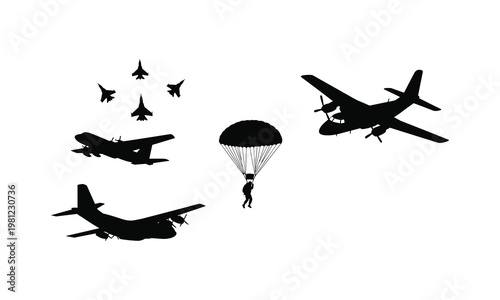 Military airplanes vector silhouette illustration, paratrooper and fighter jets line art