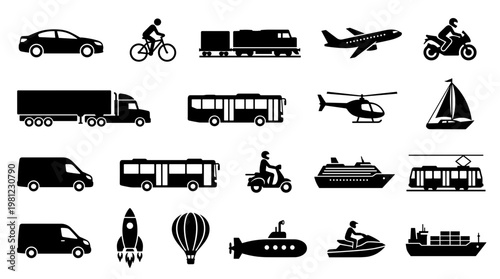 Collection of diverse transportation vehicles and modes of transport icons and illustrations representing travel and logistics