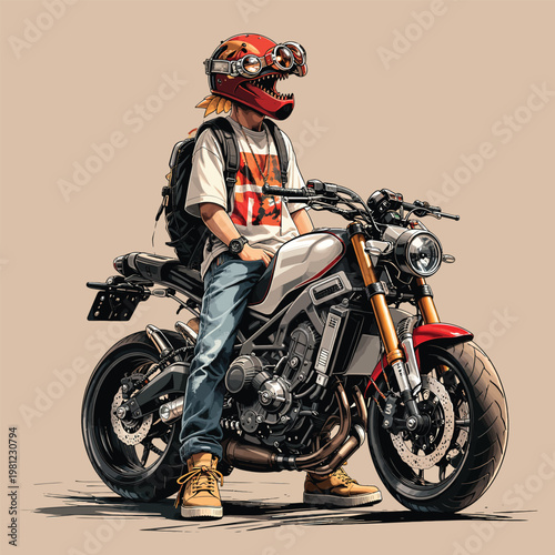 Biker in full protective gear and helmet sitting on modern naked sport motorcycle with motorcycle motorbike protective motorcycling transport adventure lifestyle backpack handlebars standing