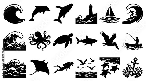 Collection of marine life and ocean elements silhouettes including waves dolphins sharks lighthouse sailboat surfer octopus turtle pelican diver seagulls and anchor