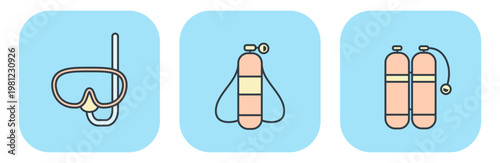 Flat vector icons of scuba diving equipment: mask, snorkel, and oxygen tanks. Illustrations for summer and vacation design