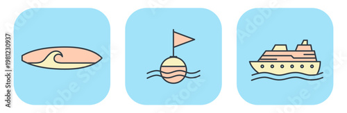 Flat vector icons of summer sea activities including surfing, buoy, and cruise ship. Illustrations for vacation design