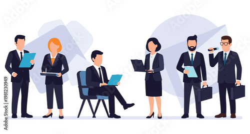 Business professionals team meeting office briefing laptop document teamwork leadership strategy plan colleagues vector illustration