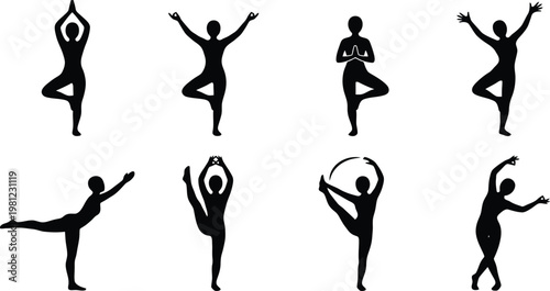 Eight black silhouettes of people performing various yoga poses on a white background person human figure