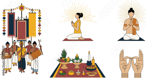 Traditional ritual set vector illustration with offerings drums prayer banners hands altar icons people musical