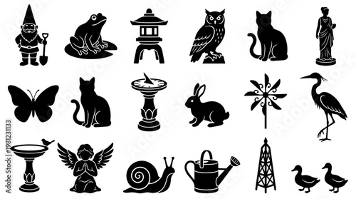 Collection of Garden Ornaments and Silhouettes Featuring Animals, Gnomes, and Decorative Objects