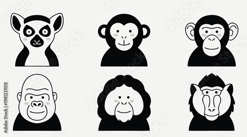 Set of Primate Faces Icons.