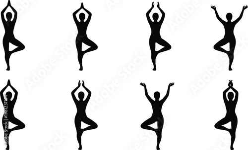 Eight black silhouettes of people performing different yoga poses on a white background person human