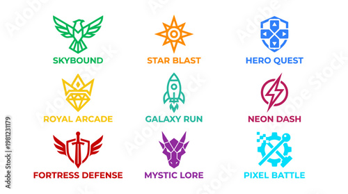 Colorful vector logos skybound star blast hero quest and more