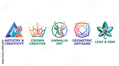 Colorful logos for artistry creativity animals geometric designs and gems