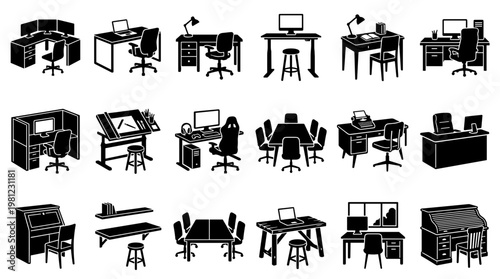 Collection of diverse office and home office desk setups with chairs and computer equipment, showcasing modern and traditional workspace designs for productivity and remote work.