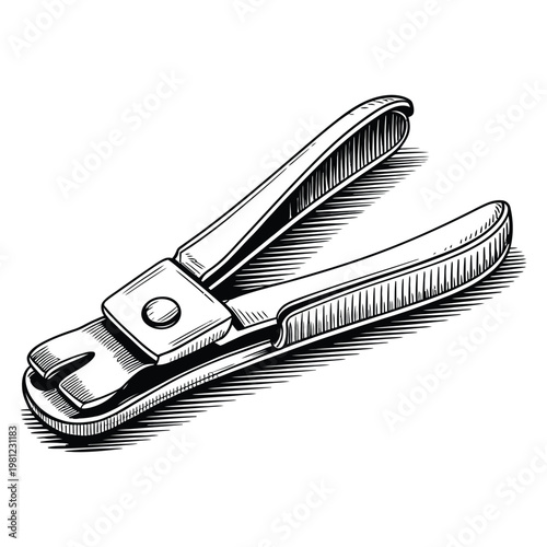 Detailed engraving of metal nail clippers showcasing precise lines and a stark silhouette