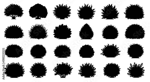 Collection of diverse black silhouettes of ornamental shrubs and bushes in various shapes and sizes, isolated on a white background, representing garden design elements.