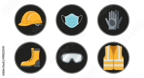 Safety equipment icons on black background.