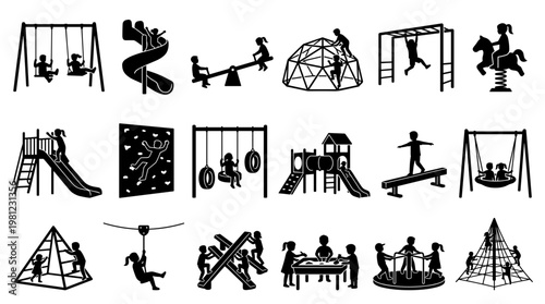 Diverse playground equipment silhouettes for children's outdoor recreation and active play, promoting fun and physical activity in a park setting.