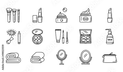 Modern Beauty and Makeup Outline Icon Collection with Cosmetic Tools, Skincare Products and Glam Accessories
