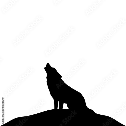 Wolf silhouette howling against a stark white sky during twilight on a hill