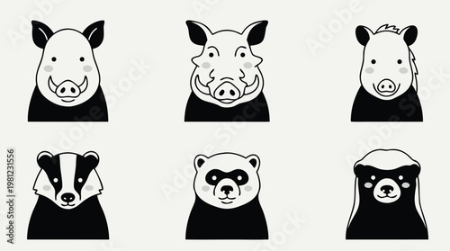 Set of six cartoon animal heads including pigs badgers and pandas.