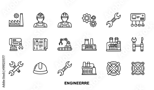 Engineering line icons set with manufacturing production tools and industrial editable stroke vector collection