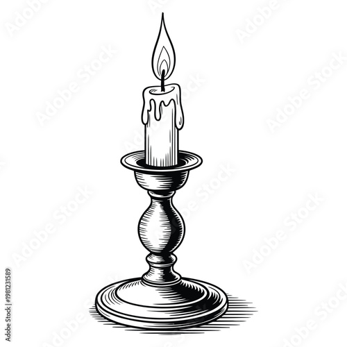 A detailed illustration of a lit candle in a holder presented as a striking silhouette