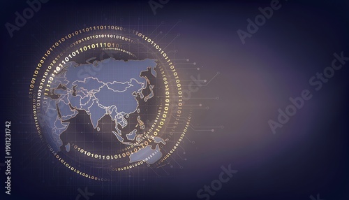 Minimalist white map of Asia surrounded by glowing golden data rings on dark background with copy space representing global trade and digital connectivity