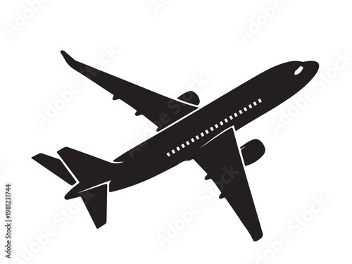 Black silhouette of a modern passenger jet airplane taking off in a side view with airplane aircraft aviation transport airliner silhouette fuselage commercial aeroplane transportation