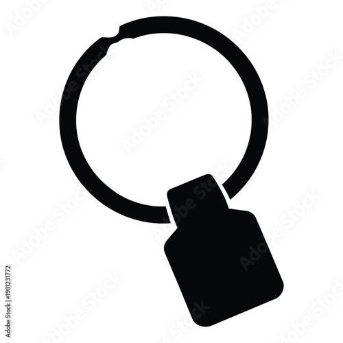 A simple black silhouette of a keyring with a rectangular tag isolated on a white background silhouette