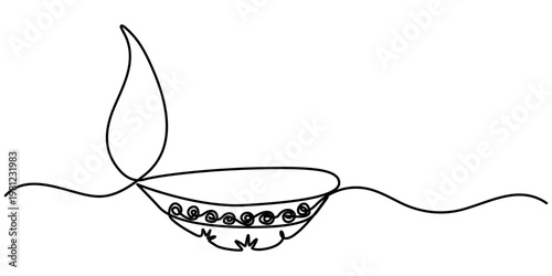 Continuous one line drawing of Diya lamp for Diwali,  Deepavali celebration oil lamp line art vector design,  outline vector illustration. 