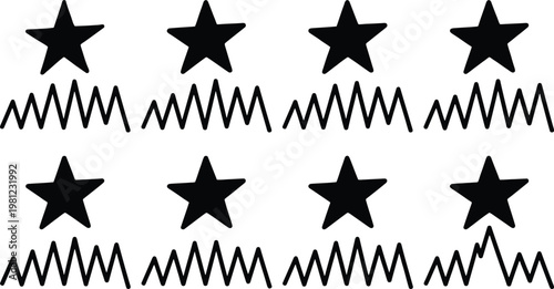 Eight black solid five-pointed stars positioned above stylized black zigzag lines representing mountains or waves on a white background in a repeating pattern